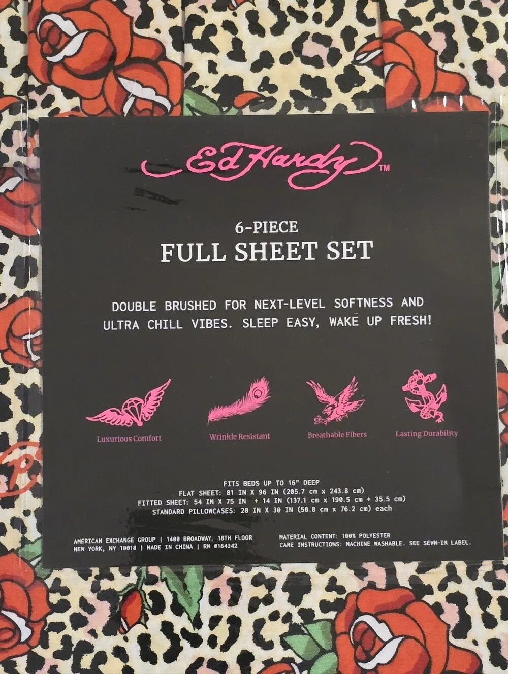 Ed Hardy 6 Piece Rose Cheetah Leopard Print Full Sheet Set